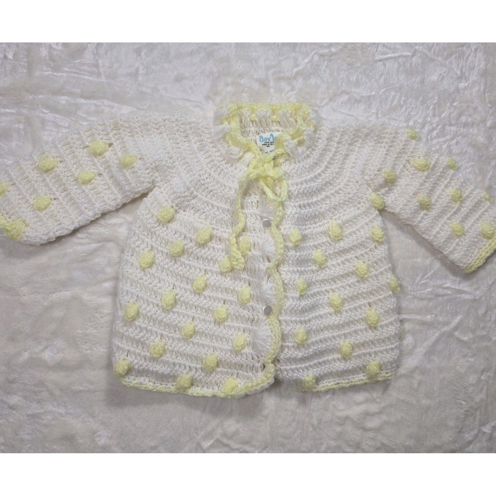 Vintage Dovlee Baby Knit Set Yellow White Popcorn Crochet Cardigan 80s